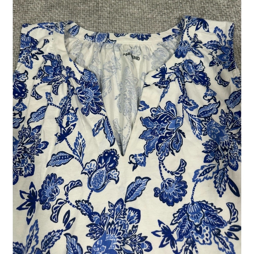 Lands End Dress Womens Large 14/16 Blue White Floral Cotton Flounce Tank Pockets - Picture 5 of 9